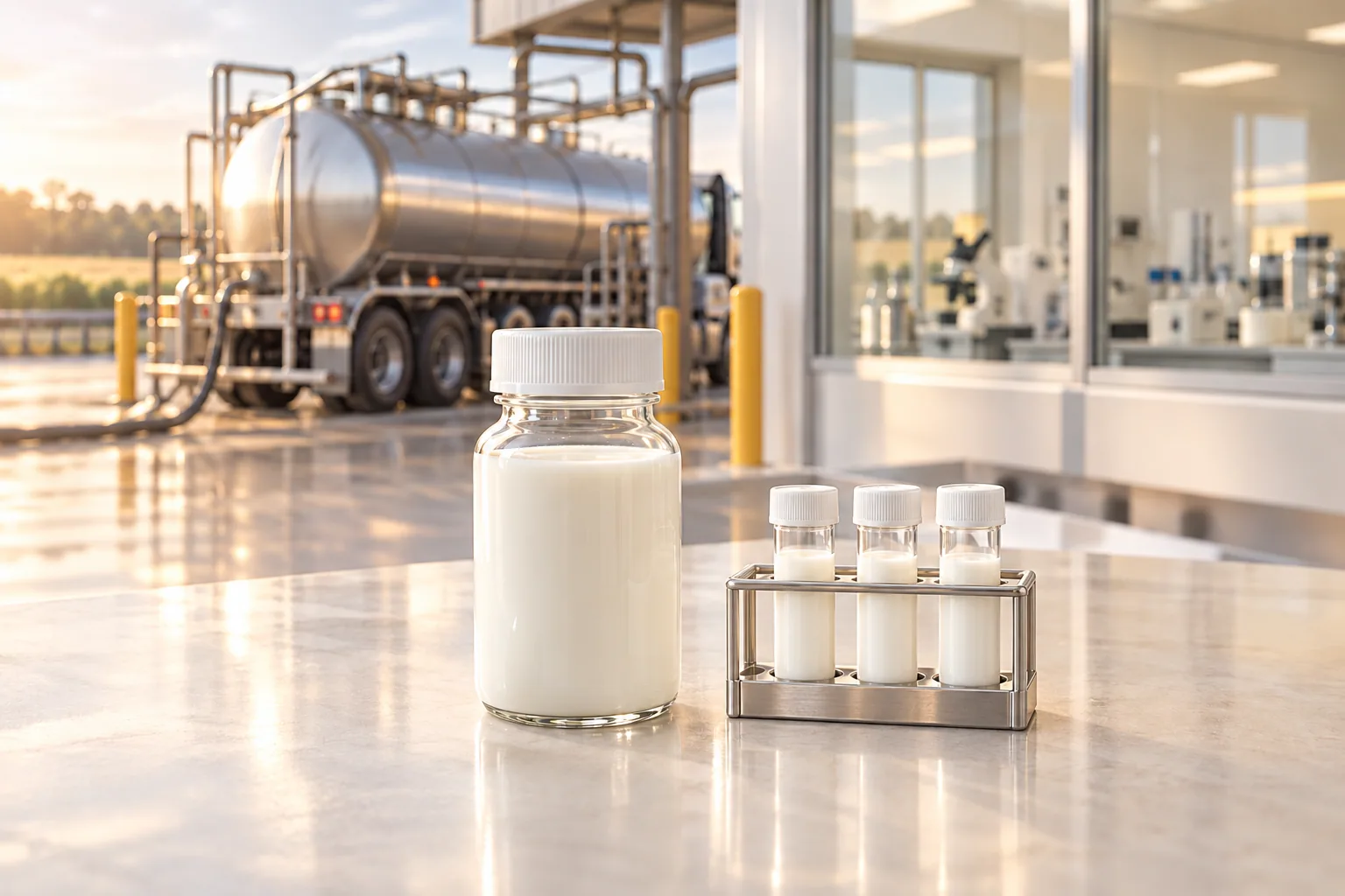Milk sample bottle and laboratory samples with a tanker at the dairy reception area